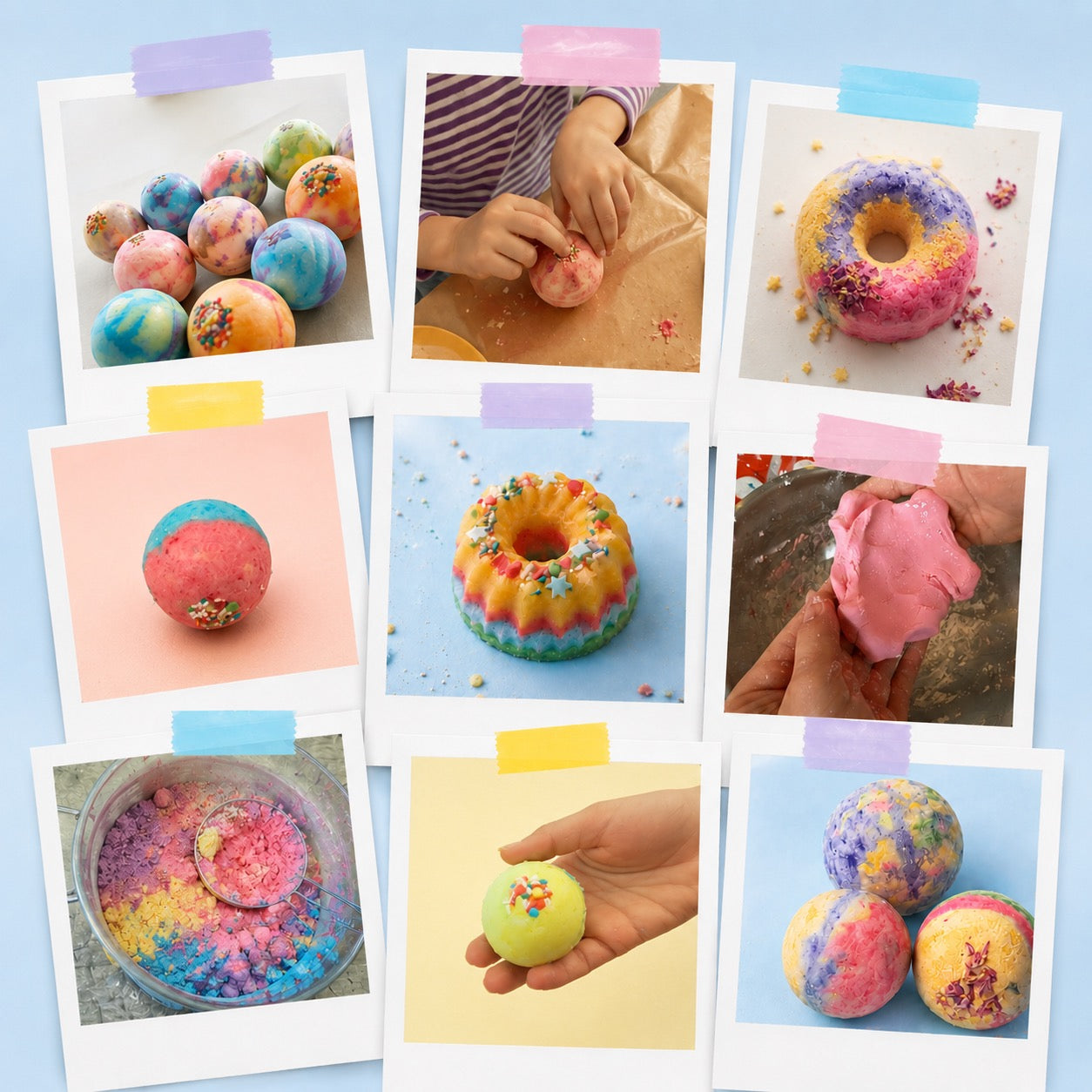 Collage aus dem Workshop „Die kleine Bastelbande“ mit bunten Badebomben und Knetseife für Kinder