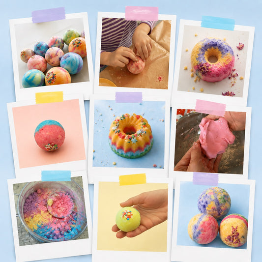 Collage aus dem Workshop „Die kleine Bastelbande“ mit bunten Badebomben und Knetseife für Kinder