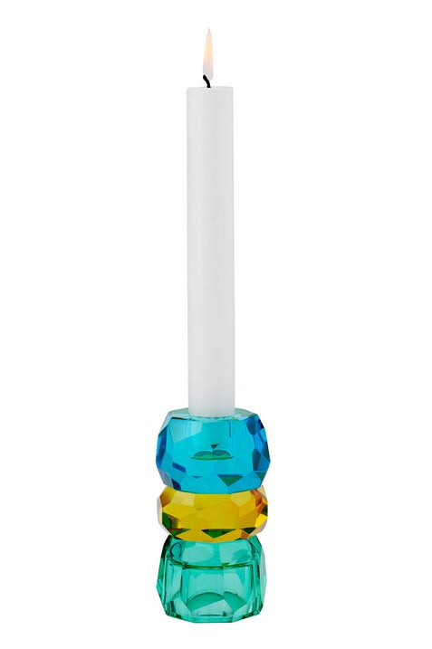 Kerzen- / Teelichthalter, Kristallglas, blau / gelb / grün