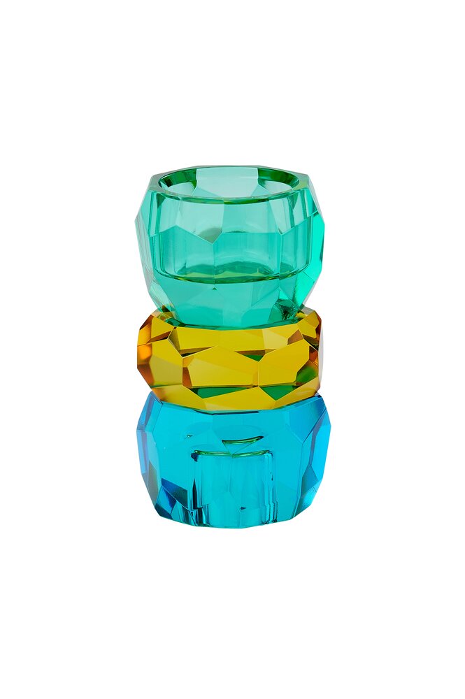 Kerzen- / Teelichthalter, Kristallglas, blau / gelb / grün